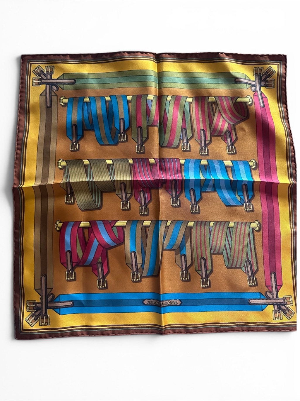 Hermes Multicolor Silk Scarf With Gold And Brown Tones